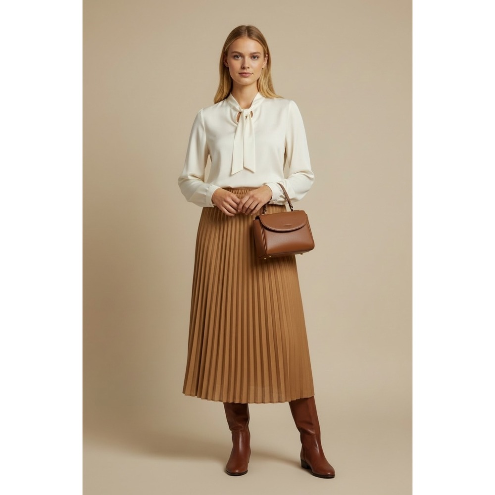 ONLY Alma Caramel Pleated Small‎ Midi Skirt Caramel Brown Elastic Waist Skirts